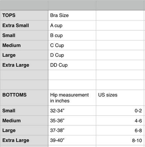 Size Chart - Goddess Swimwear