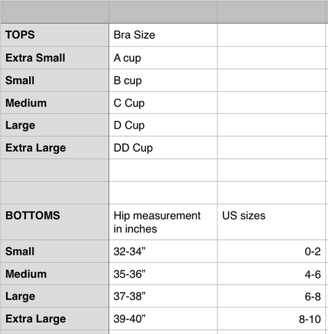 Goddess Size Chart