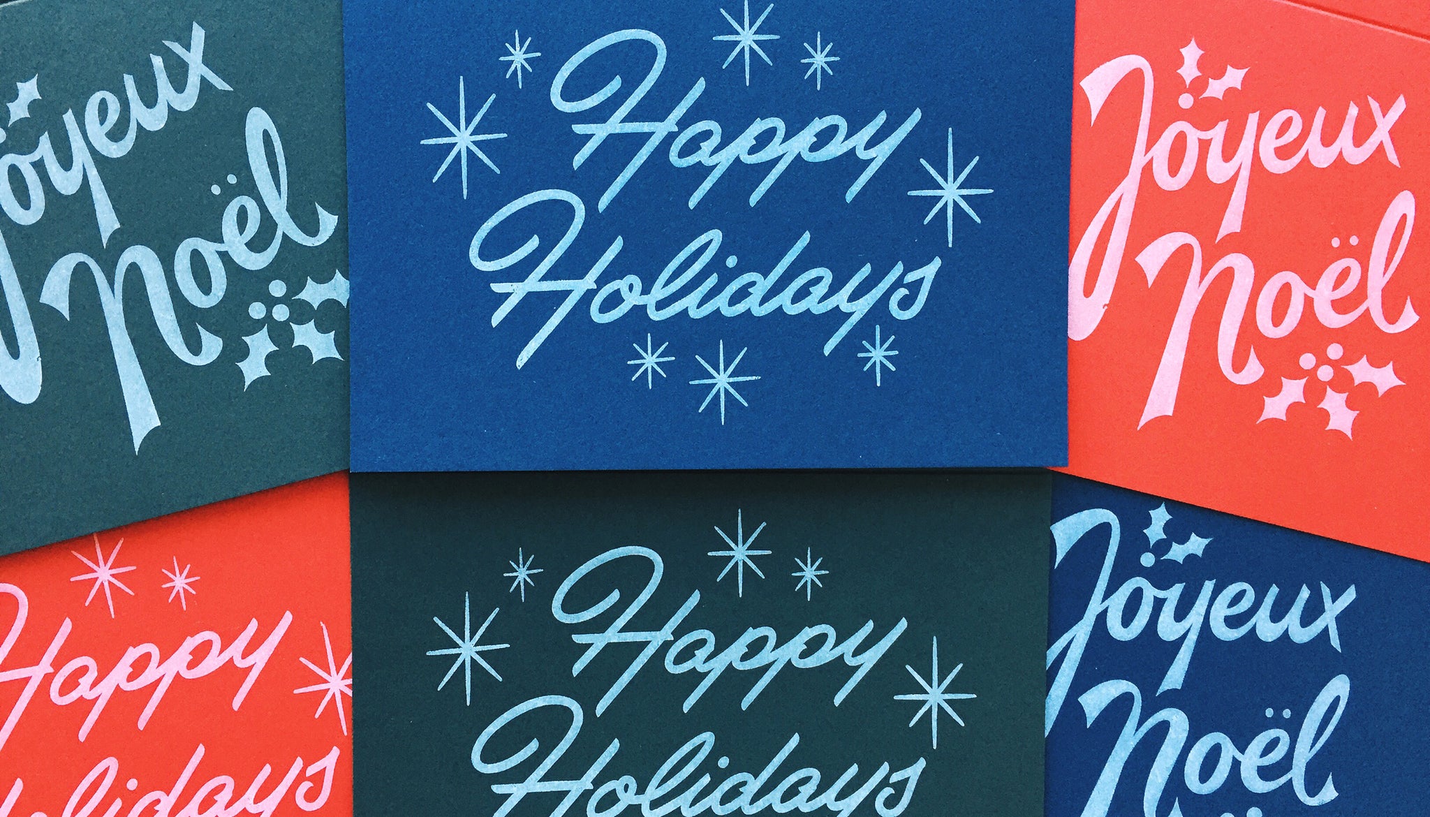 Our holiday cards come on Red, Green and Blue paper from French Paper Co.