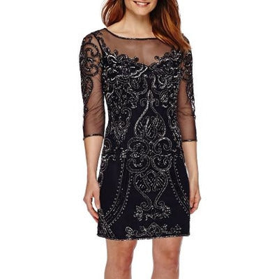 beaded shift dress with sleeves