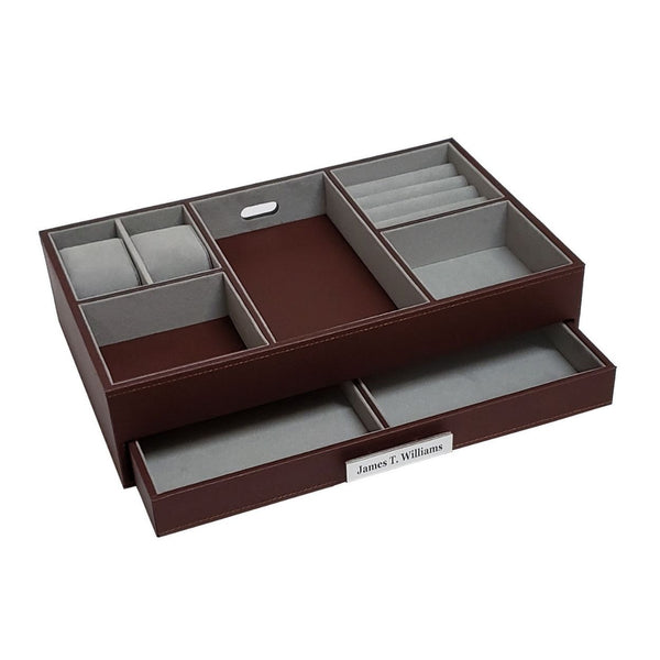 Personalized Brown Leatherette Charging Station Valet Tray Desk