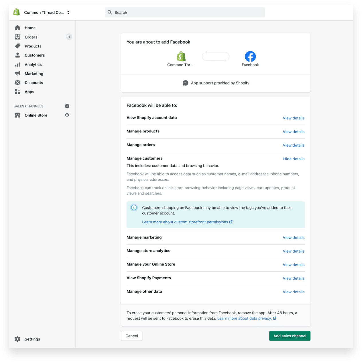 Setting up Facebook Conversion API (CAPI) for attribution: Add sales channel