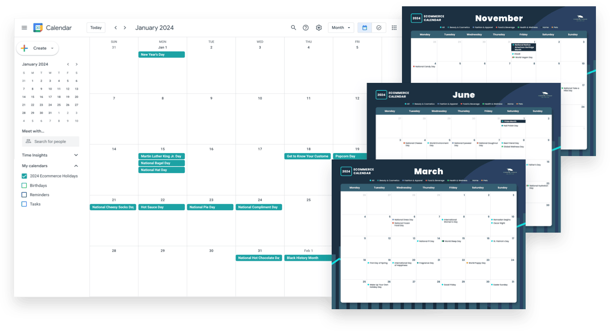 2024 Ecommerce Marketing Calendar Using the Four-Peaks: Events Calendar interactive PDF and Google Calendar integration