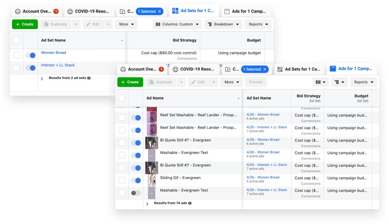 Alala prospecting Facebook campaign, ad sets, and ads