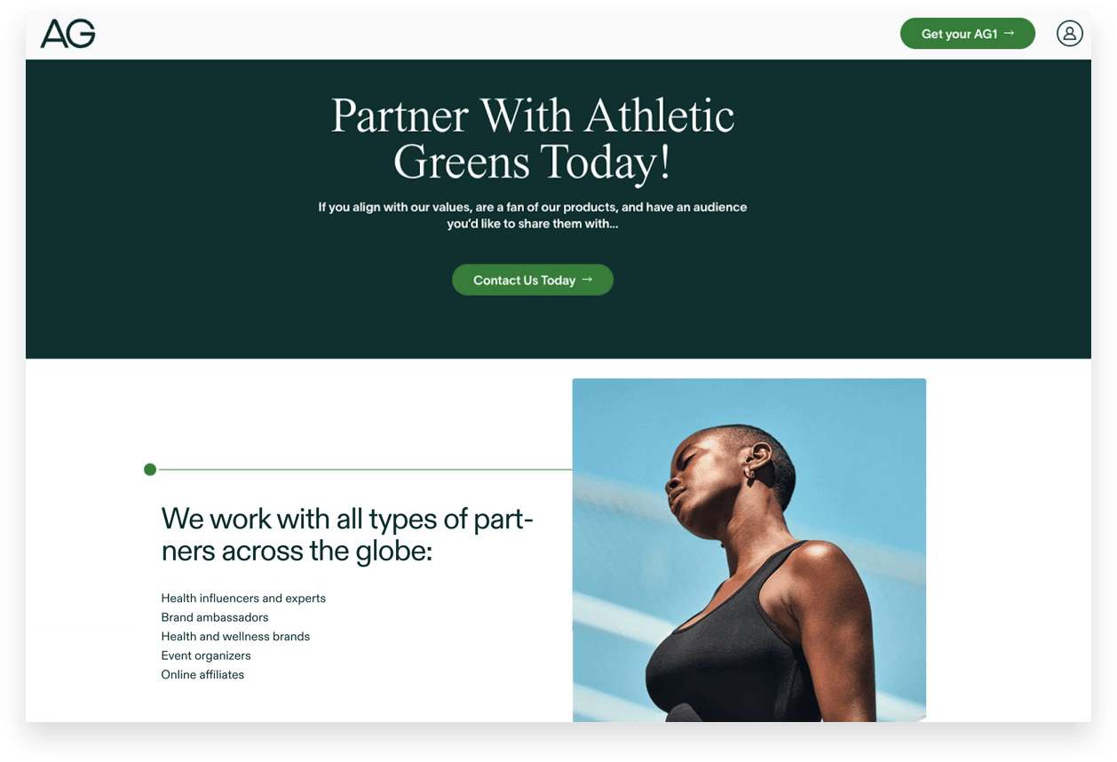 Athletic Greens influencer marketing landing page