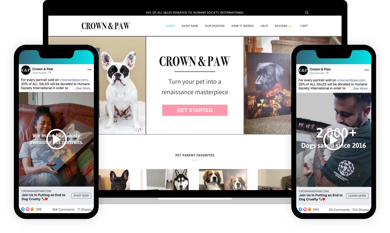 Crown & Paw ads and landing page for prospecting and remarketing