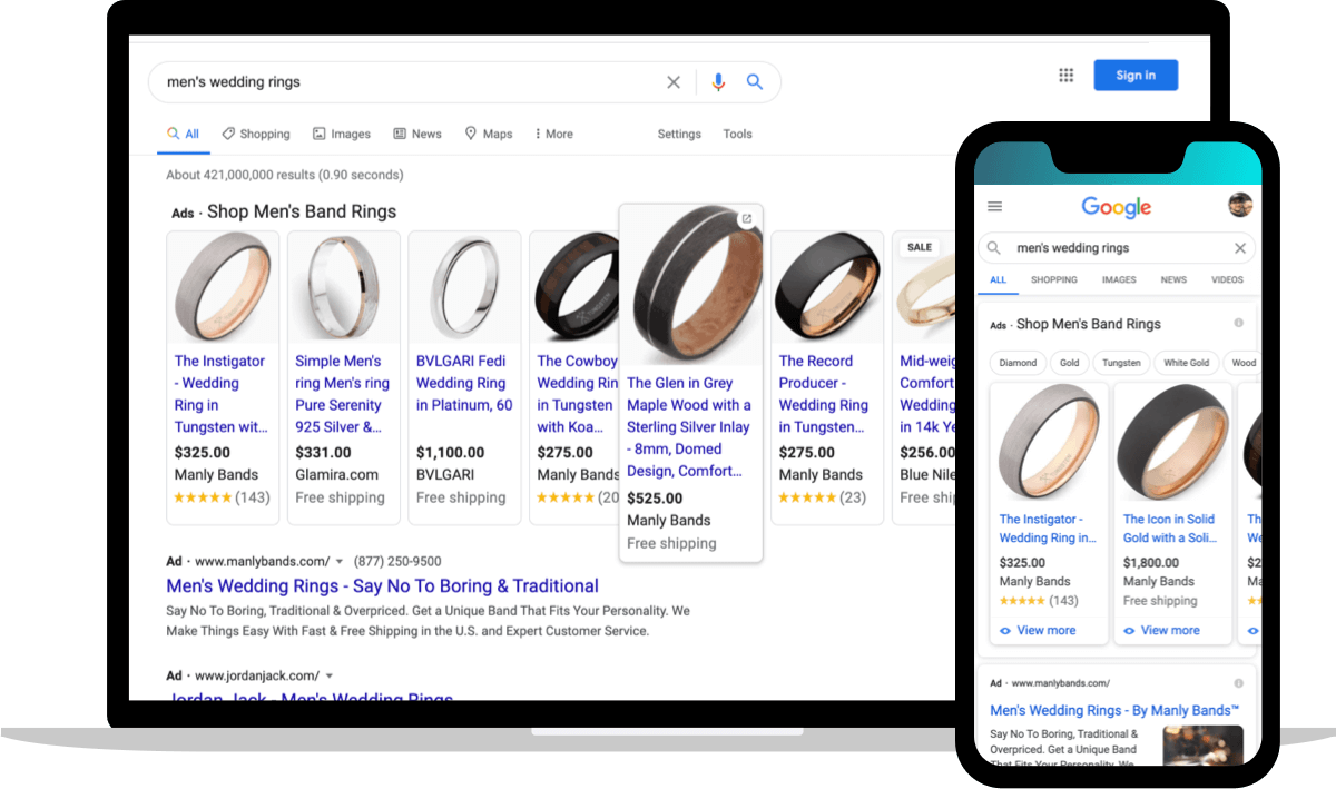 Google ad results for non-branded categorical search terms: Manly Bands Google Ads