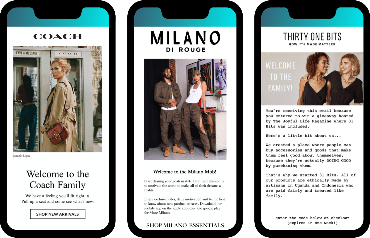 Welcome emails from ecommerce fashion apparel and accesories brands: Coach, Milano Di Rouge, and Thirty One Bits