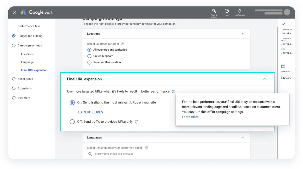 Google Ads Budget Dashboard Highlighting URL expansion