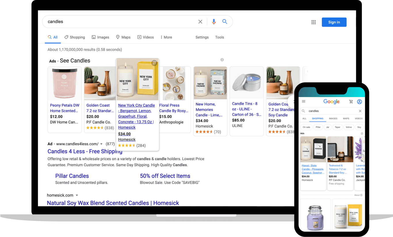 Google Shopping images showing results for search 'candles' Homesick Candles placement