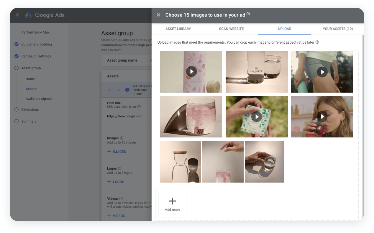 Google PMax Campaign Product Image Asset Upload Selection