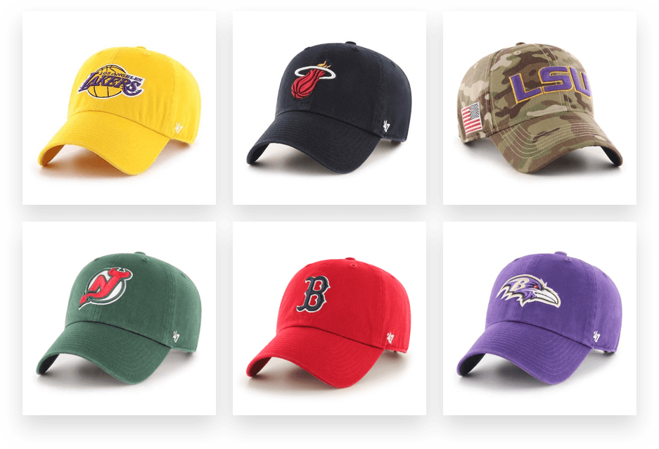 '47 Brand hats featuring endorsements from the NFL, NBA, MLB, NHL, and college sports