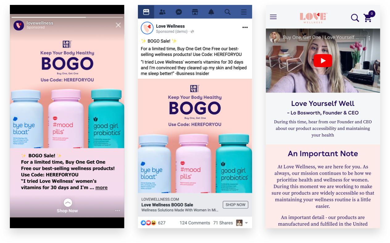 Love Wellness BOGO Ads and Founder Video Letter