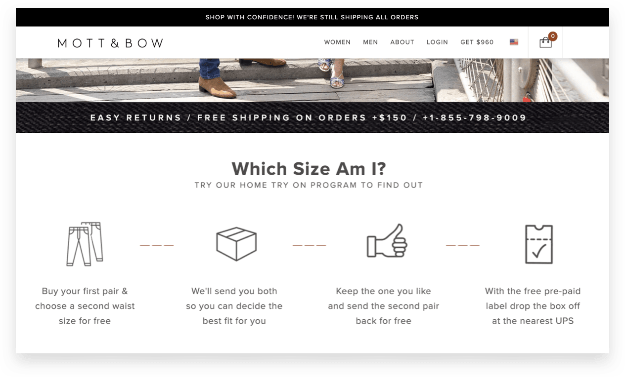 ecommerce fashion apparel brand Mott & Bow makes trying different sizes and sending returns simple for their customer