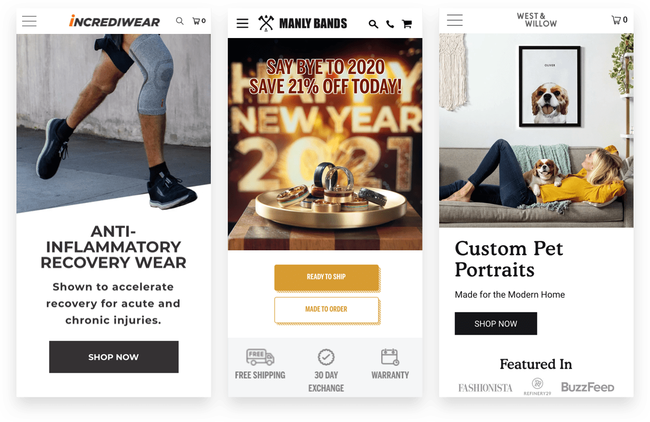 mobile homepages for DTC ecommerce brands: Incrediwear, Manly Bands, and West & Willow