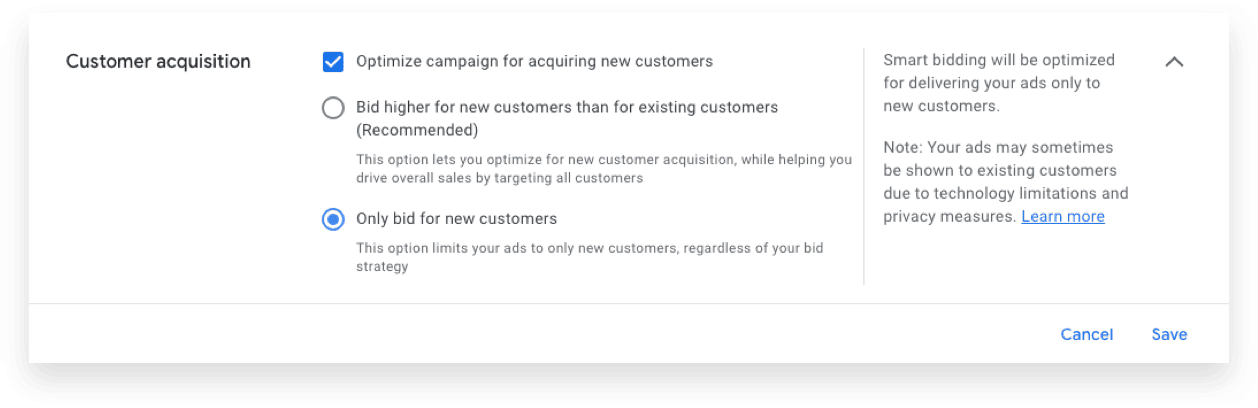 Setting new customer acquisition as your conversion goal