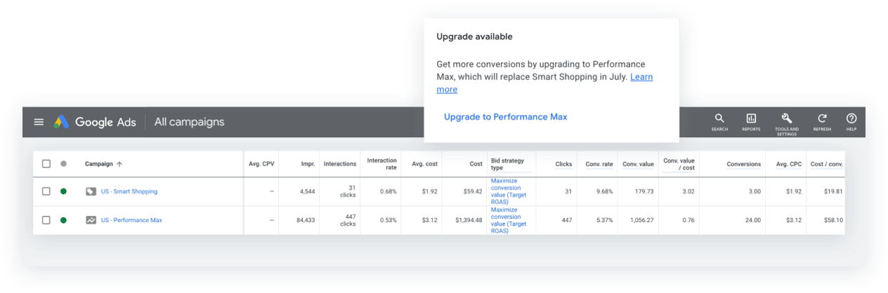 Google Performance Max Campaign Upgrade Available