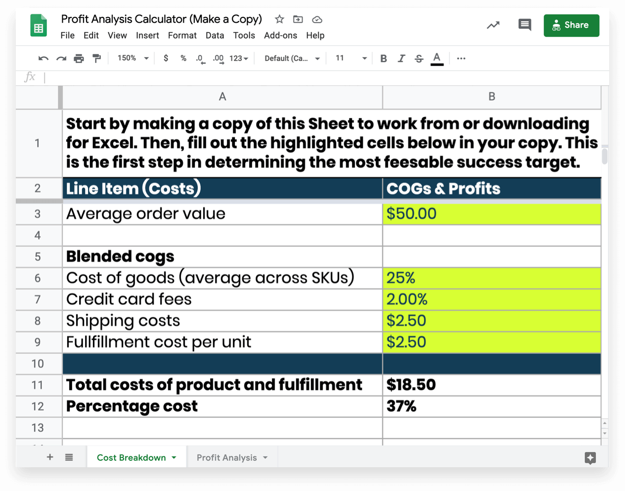 Profit Analysis Calculator for finding your Customer Acquisition Cost: Average Order Value