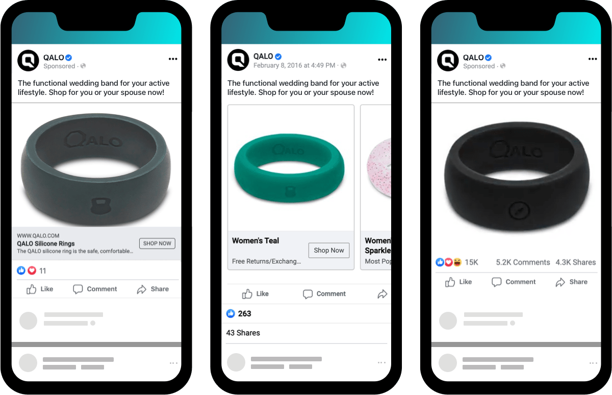Simple QALO Facebook ecommerce ads for a novel product