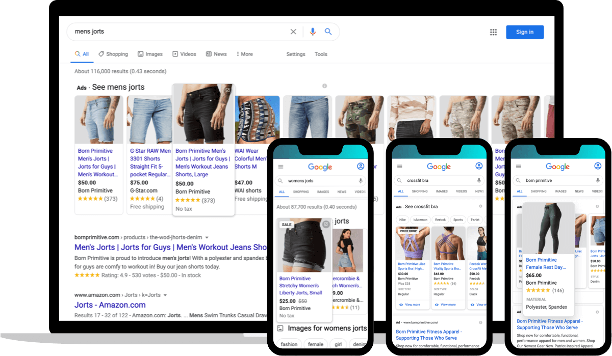 Own your Google search engine results page (SERP) for your products. Examples shown from Born Primitive.