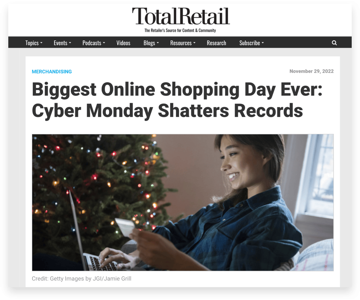 Total Retail article reveals Cyber Monday 2022 was the biggest online shopping day ever