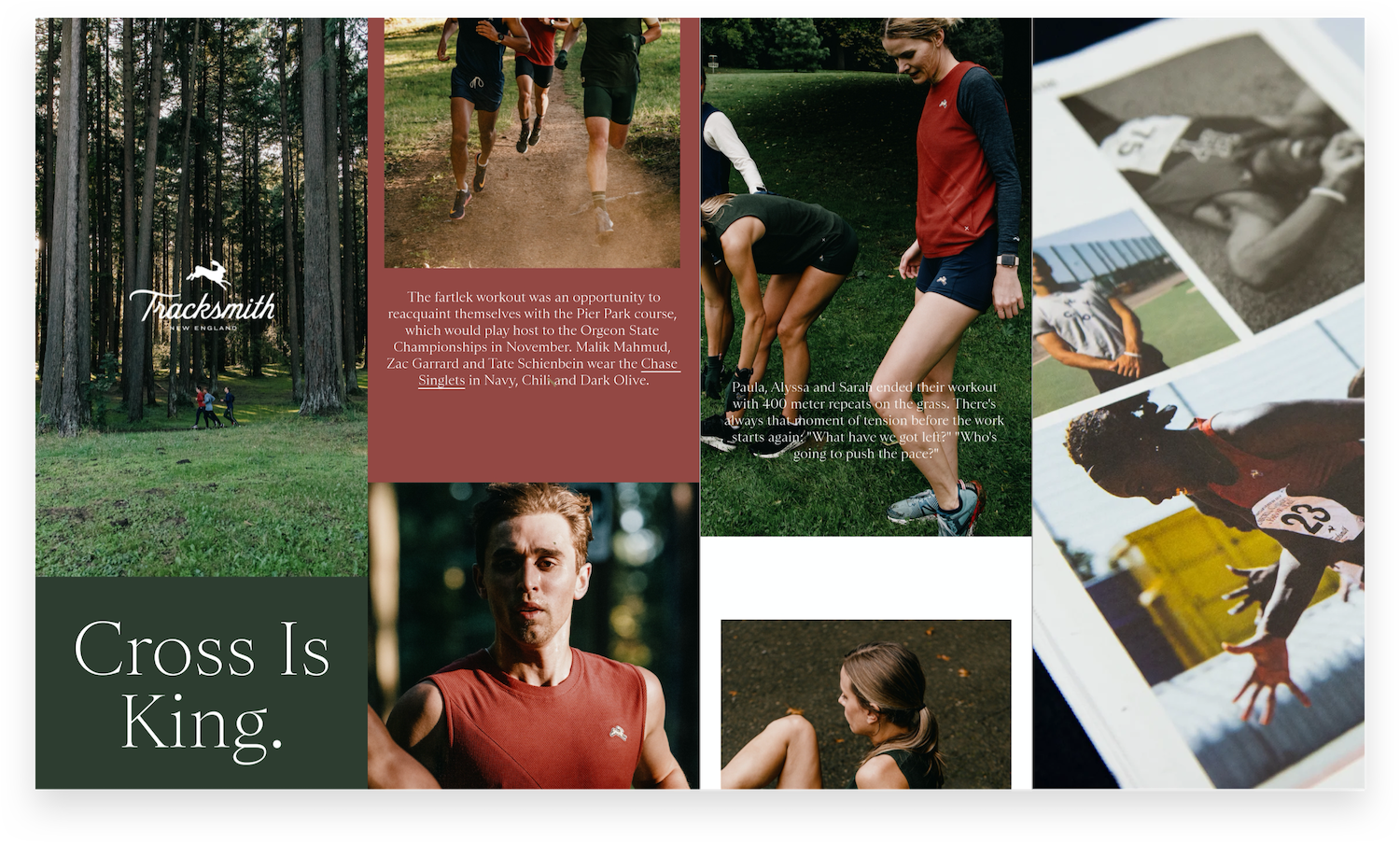 Tracksmith Content Collage of Product Launches, Blogs, and Print Magazine