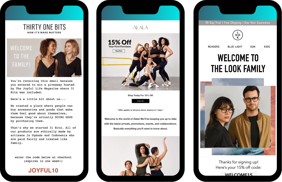 Welcome emails for ecommerce brands: Thirty One Bits, Alala, Look Optic