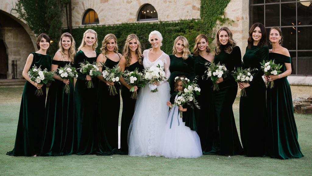 David Peck custom designed 10 bridesmaid gowns for Caroline Looke Benak's wedding. 
