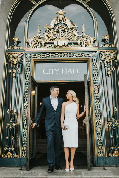 San Francisco City Hall Elopement. Custom pearl and feather one-shoulder cocktail dress.