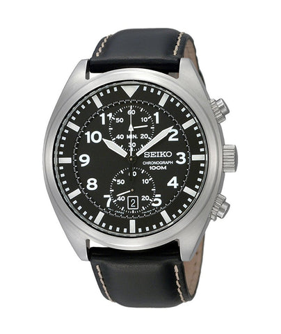 Seiko SNN231P2 Chronograph Men's Black Dial Black Leather Strap Quartz Watch