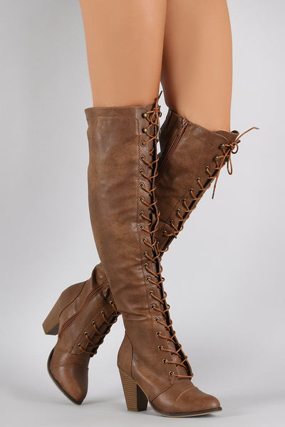 Almond Toe Lace Up Stacked Heeled Over 