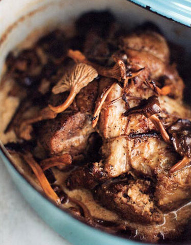 Wine Forest Wild Foods Recipe for Staffan's Milk Braised Pork Shoulder with Yellow Foot Mushrooms