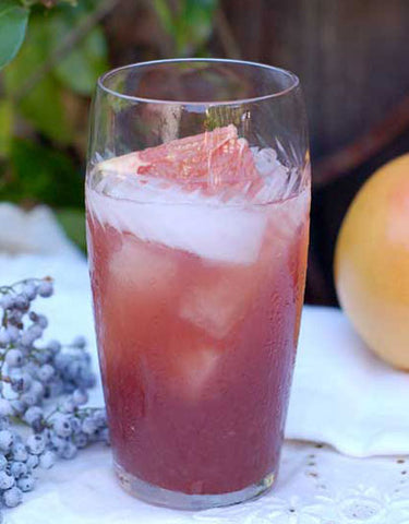 Tall glass of Blue Dog (Catahoula) Cocktail, elderberries and grapefruit made with Wine Forest Wild Foods Wild Elderberry Shrub