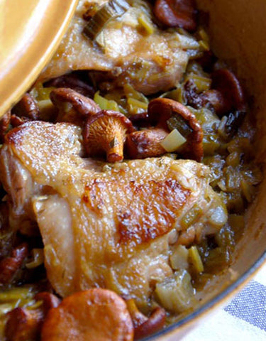 Cast Iron Pot of Braised Chicken with Chanterelles and Leeks