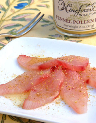Slices of very fresh hamachi crude made with Wine Forest Wild Food Fennel Pollen Rub 
