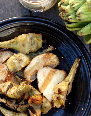 Grilled Artichokes with thick grilled Porcini slices and Wine Forest Wild Foods Porcini Salt