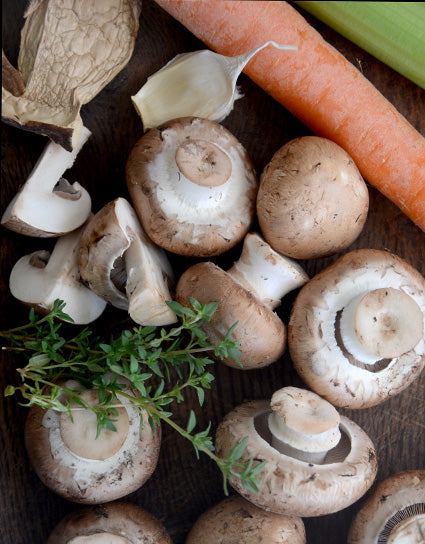 Mushrooms, carrots, onions for Traditional Mushroom Stock