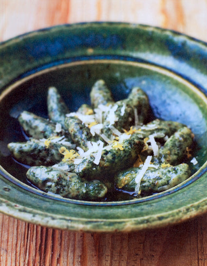 Bowl of hot Nettle Malfatti with Brown Butter, Lemon and Parmesan