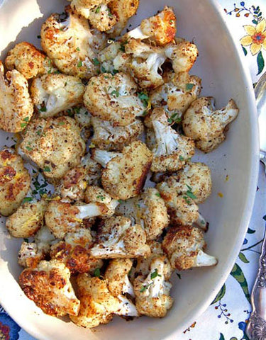 Casserole Dish of Roasted Mushroomed Cauliflower made with Wine Forest Wild Foods Mushroom Alchemy Wild Mushroom Seasoning