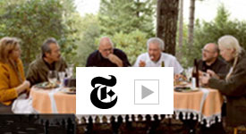 Video icon link to New York Times Edible Selby Video The Big Morel Cookout with Connie Green with chefs around a table in the background