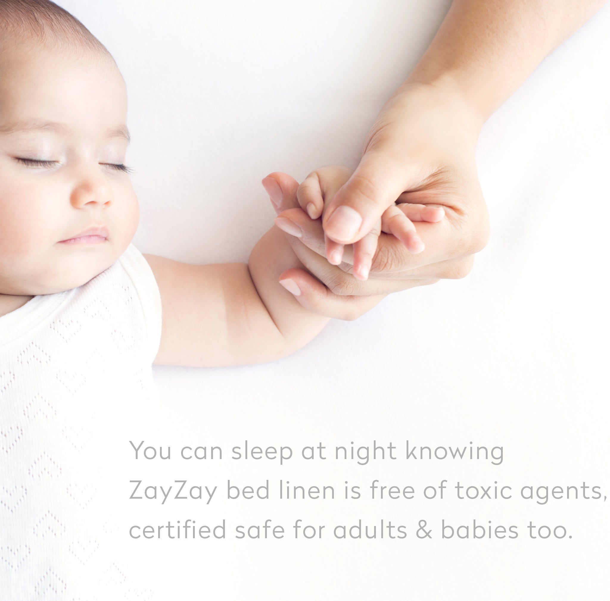 baby sleeping - caption - you can sleep at night knowing ZayZay bed linen is free of toxic agents, certified safe for adults and babies