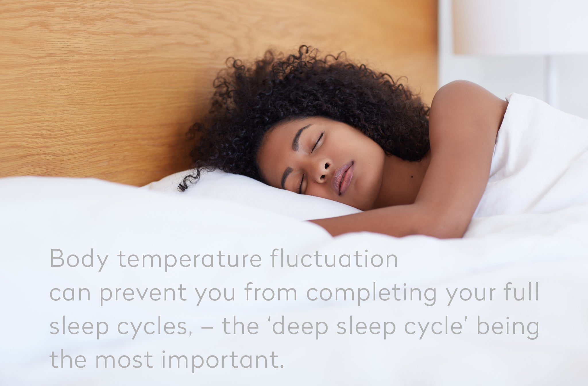 image of woman sleeping with quote - body temperature fluctuation can prevent you from completing full sleep cycles