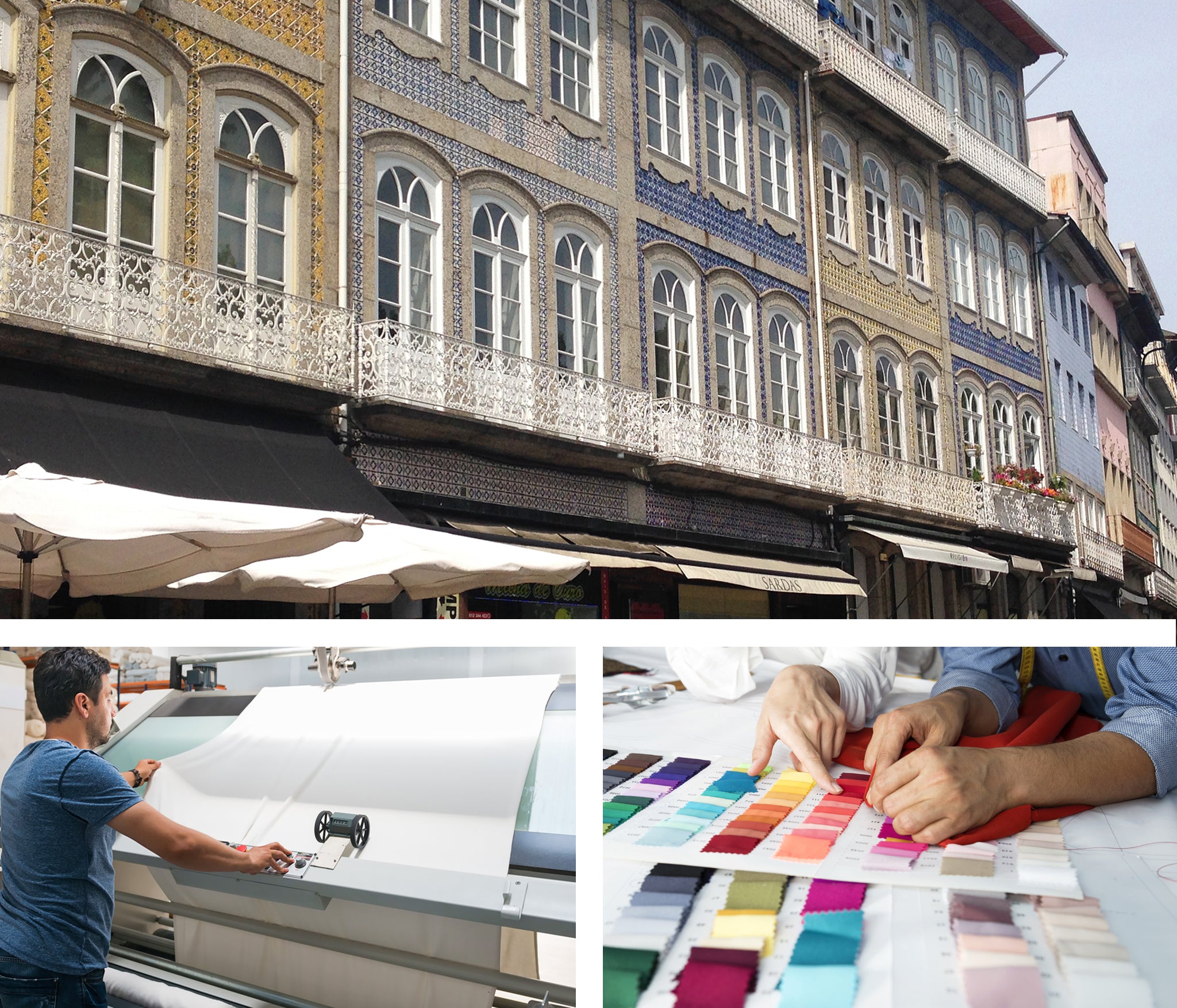 3 images together - Portugal street, inspection of fabric quality, selecting colour palette