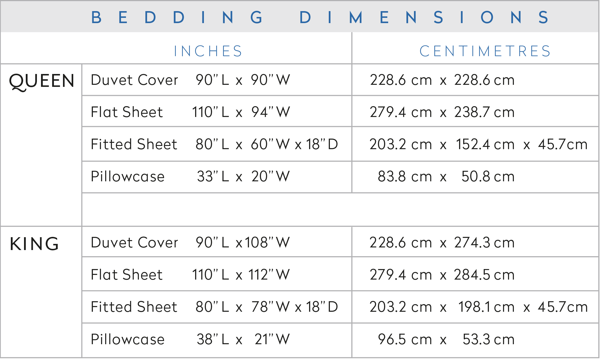 ZZ bedding size chart