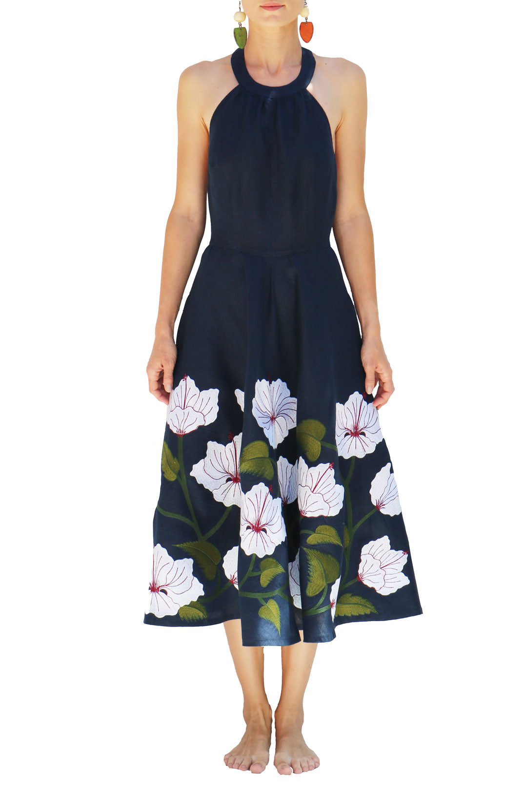 Fanm Mon Navy Linen White Hibiscus Flowers Embroidery Vyshyvanka MIDI