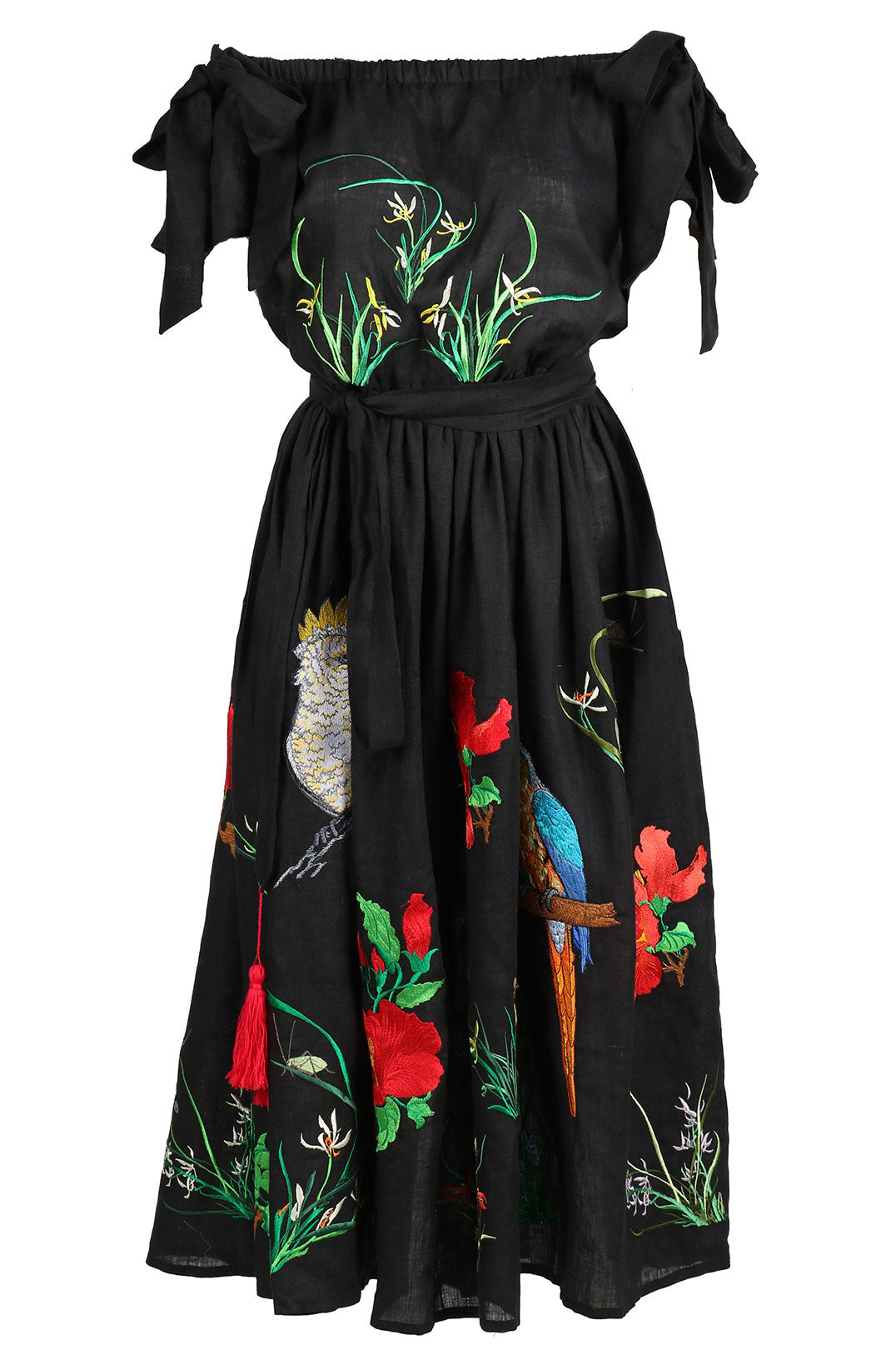 Fanm Mon SOPHIA Off Shoulder Black Linen Exotic Tropical Floral Embroidery Vyshyvanka MIDI Dress