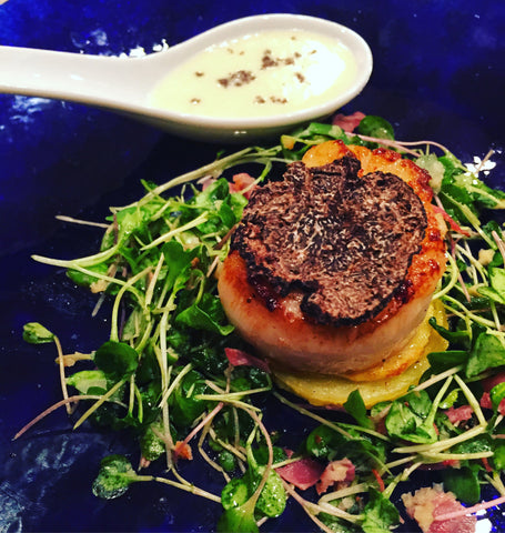 Seared Sea Scallops on crispy potato stack with microgreen salad and s Crimson Gourmet