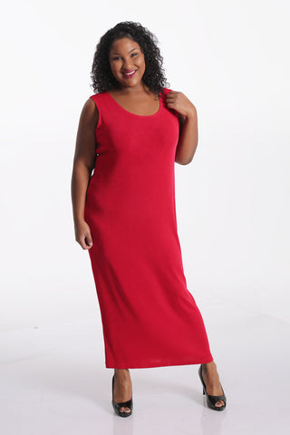 Allegra in a red maxi tank dress