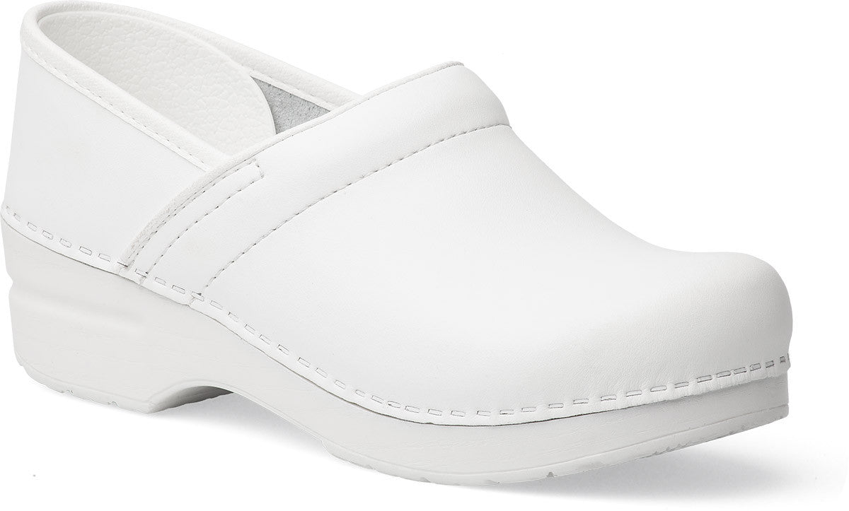 white leather clogs