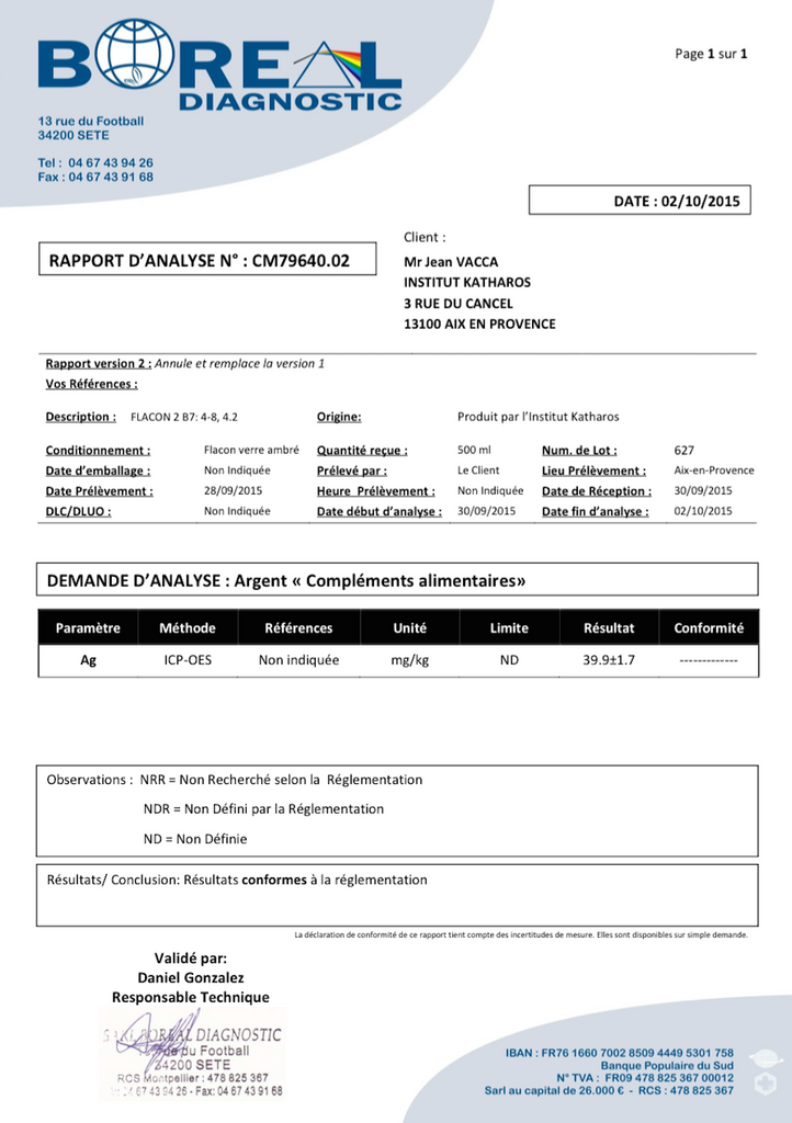 Dosage argent IK par Boréal Diagnostic